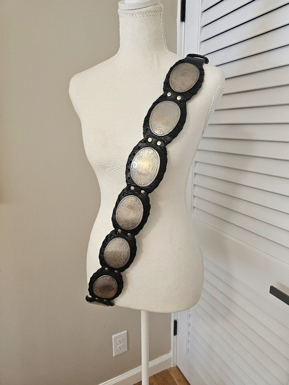 Sandy Duftler Designs Vintage thick genuine leather Black And Siver Concho Belt